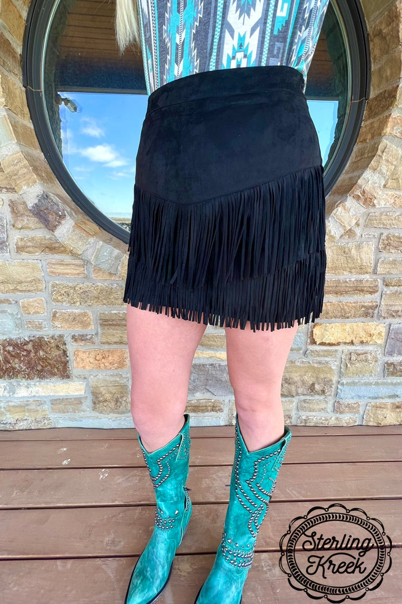 Black fringe skirt western sale